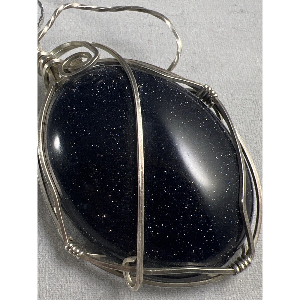 925 Sterling Silver 23" Chain Blue Goldstone Wire Wrapped Pendant Necklace Boho
